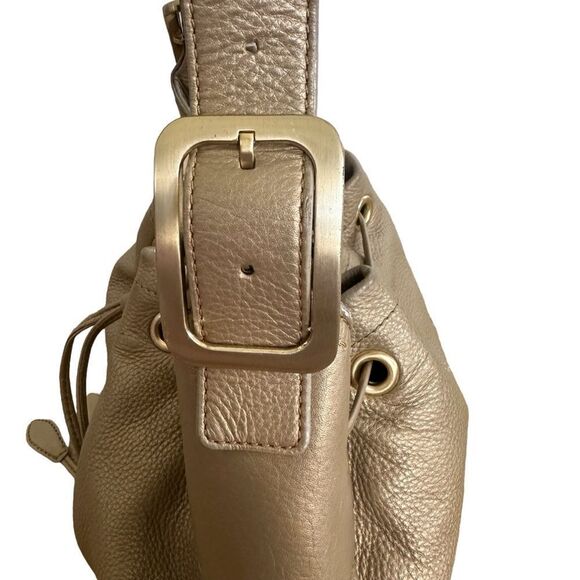 Cole Haan Metallic Gold Brass Leather Drawstring Shoulder Buckle Bag Purse Women - Picture 3 of 14